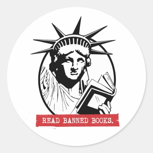 Sticker Rond Lady Liberty Lit Des Livres Interdits (Devant)