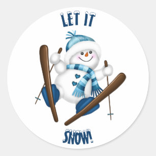 Sticker Rond Laisse-Le Neiger ! Snowman Skier