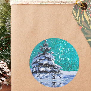 Sticker Rond Laisser neiger hiver arbre turquoise bleu blanc