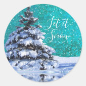 Sticker Rond Laisser neiger hiver arbre turquoise bleu blanc (Devant)