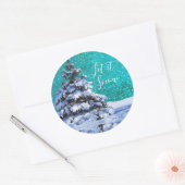 Sticker Rond Laisser neiger hiver arbre turquoise bleu blanc (Enveloppe)
