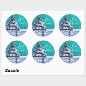 Sticker Rond Laisser neiger hiver arbre turquoise bleu blanc (Feuille)