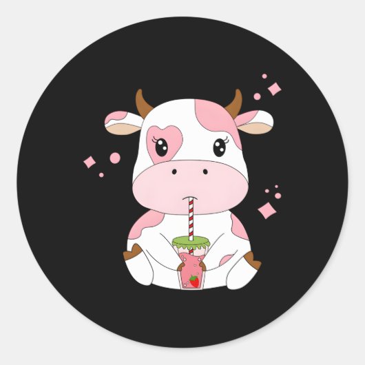 Sticker Rond Lait de fraise Kawaii Aesthétique K Vache Imprimer (Devant)