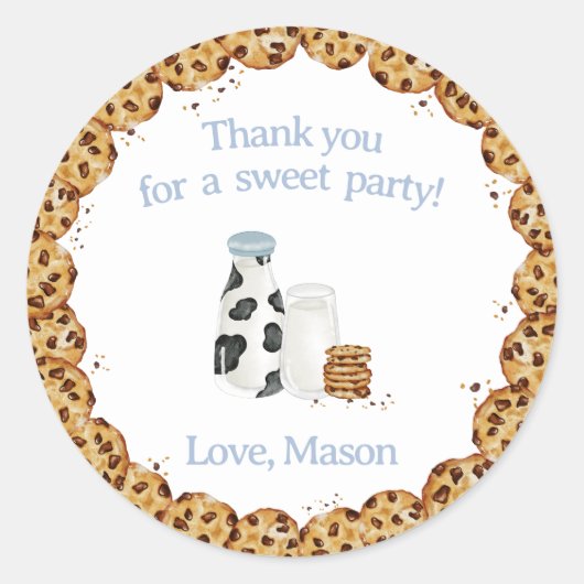 Sticker Rond Lait et cookies miettes Bleu fête d'anniversaire e (Devant)