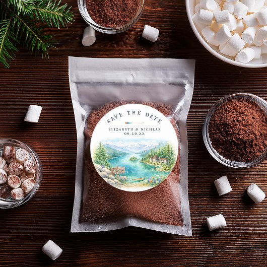 Sticker Rond Lake Tahoe Watercolor Save the Date Wedding 