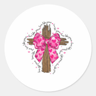Sticker Rond L'Amour Comme Jésus Croix En Bois Un Bow Rose _1