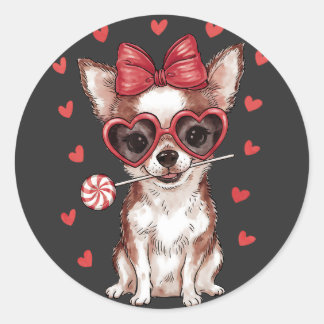 Sticker Rond L'Amour de Valentine avec le Chihuahua Lollipop Tr