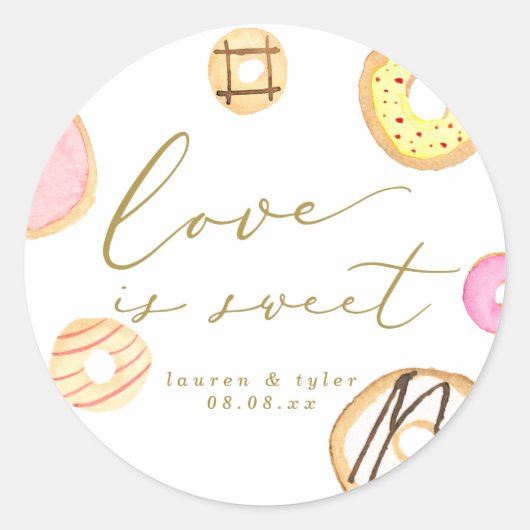 Sticker Rond L'amour est douce Aquarelle Donuts Mariage Faveur (Devant)
