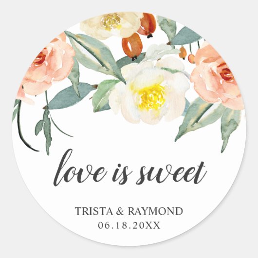 Sticker Rond L'Amour Est Doux Pêche Floral Mariage Favoriser (Devant)