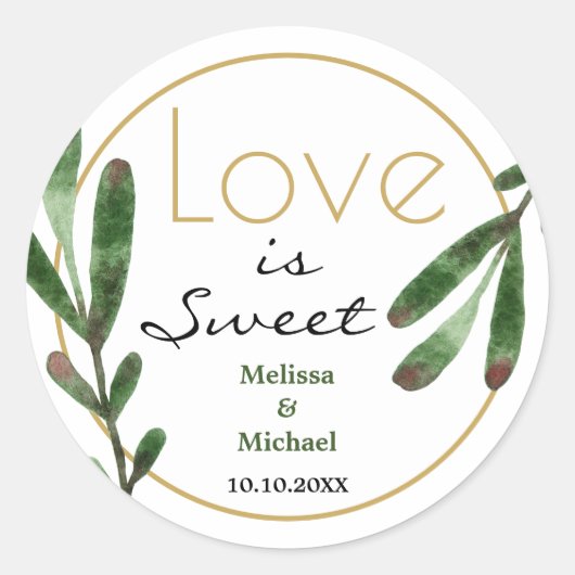Sticker Rond L'amour est doux vert Merci Mariage (Devant)