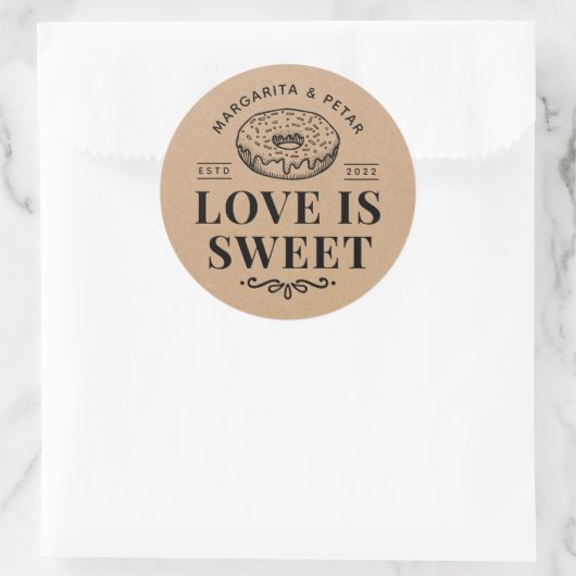 Sticker Rond L'amour est la beigne douce Mariage rustique Kraft (Sac)