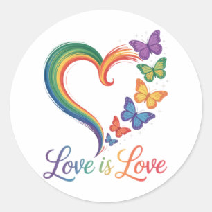 Sticker Rond L'amour est l'amour LGBT Papillon Cœur Arc-en-ciel