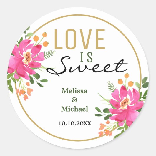 Sticker Rond L'amour est un Mariage Floral rose doux (Devant)