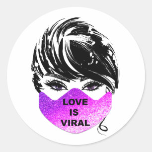 Sticker Rond L'Amour Est Viral Fille Coronavirus Visage Rose Ma