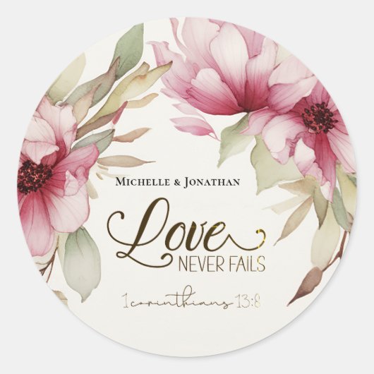 Sticker Rond L'amour n'échoue jamais Bible Verse Mariage rose F (Devant)