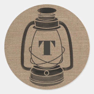 Sticker Rond Lanterne à huile de monogramme inspirée par Burlap