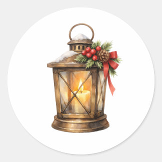 Sticker Rond Lanterne de Noël à l'aquarelle avec bougie allumée