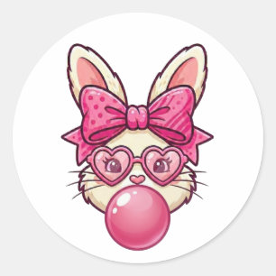 Sticker Rond Lapin à Bubblegum Mignon avec Lunettes en Forme de