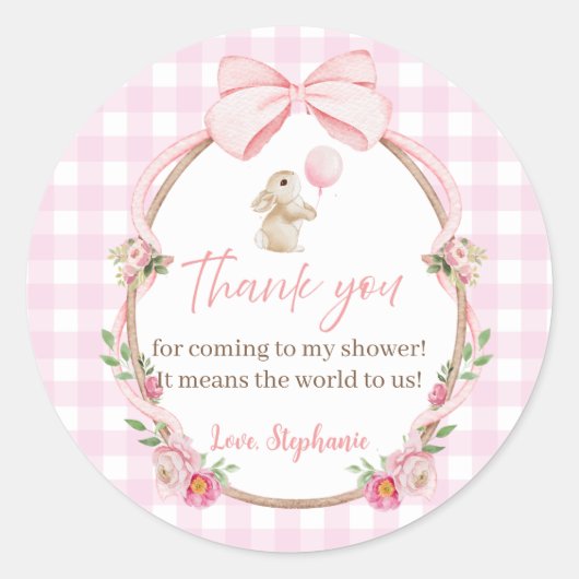 Sticker Rond Lapin à ruban rose Merci (Devant)
