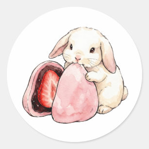 Sticker Rond Lapin aquarelle kawaii mangeant un mochi à la frai