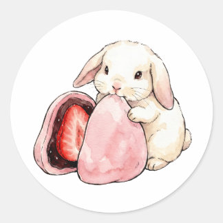 Sticker Rond Lapin aquarelle kawaii mangeant un mochi à la frai