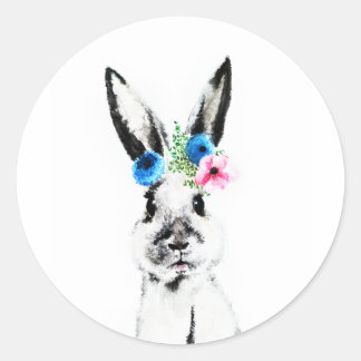 Sticker Rond Lapin avec des fleurs