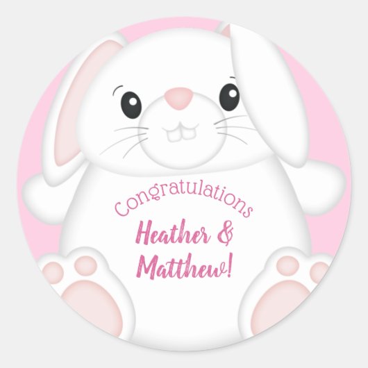Sticker Rond Lapin Baby shower rose (Devant)