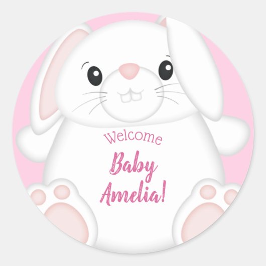 Sticker Rond Lapin Baby shower rose (Devant)