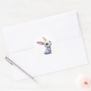 Sticker Rond Lapin Blanc Mignon aux Grands Yeux Bleus