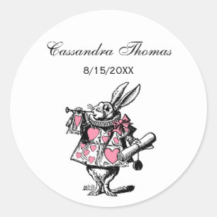 Sticker Rond Lapin Blanc Trompettiste Alice Av Wonderland Rose