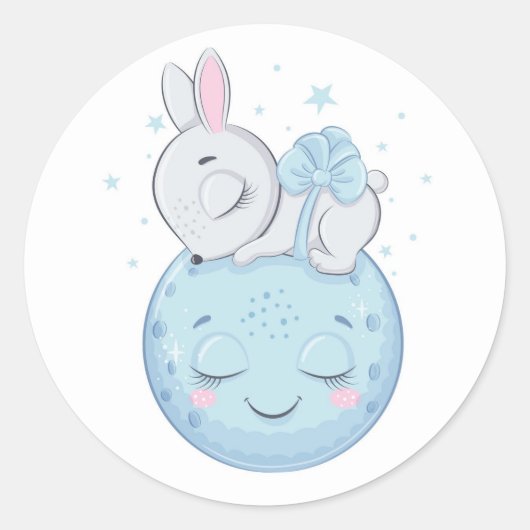 Sticker Rond Lapin Bleu assis sur une lune (Devant)
