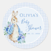 Sticker Rond Lapin bleu En vichy Baby shower aquarelle (Devant)
