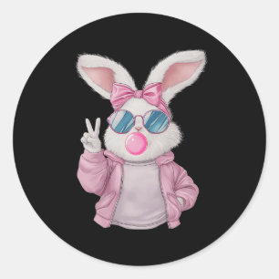 Sticker Rond Lapin Blowing Bubble Gum Jour de Pâques Mignon Gi