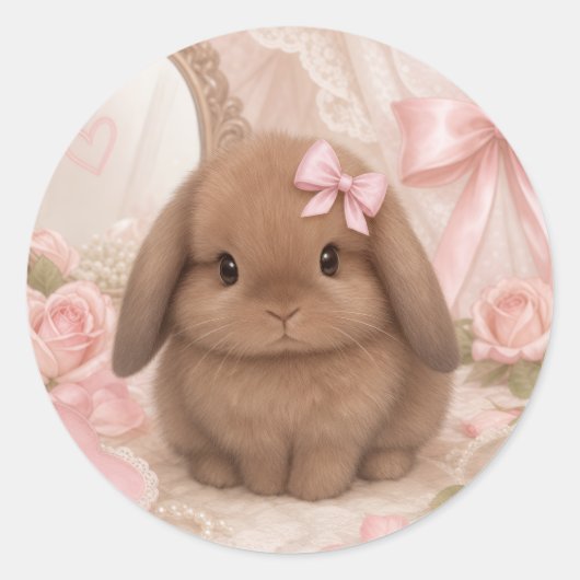 Sticker Rond lapin coquet ruban rose  (Devant)