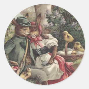 Sticker Rond Lapin Couple de Pâques Œuf Coloré Champignon