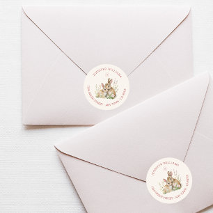Sticker Rond Lapin de la forêt en beige doux avec adresse de re