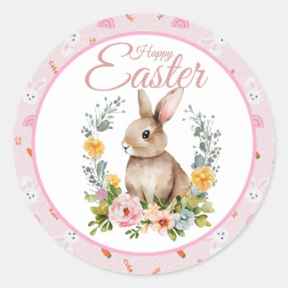 Sticker Rond Lapin de Pâques à l'aquarelle avec couronne floral