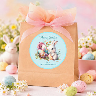 Sticker Rond Lapin de Pâques aquarelle adorable Bleu Classique