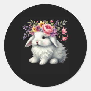 Sticker Rond Lapin De Pâques Avec Fleur Florale Couronne Filles