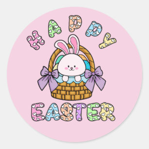 Sticker Rond Lapin de Pâques avec panier d'œufs