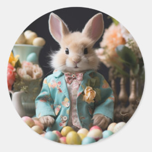 Sticker Rond Lapin de Pâques dans une veste de printemps