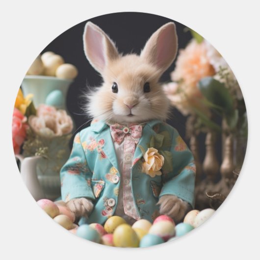 Sticker Rond Lapin de Pâques dans une veste de printemps (Devant)