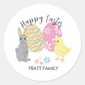 Sticker Rond Lapin de Pâques et poussin avec des oeufs décorés (Devant)