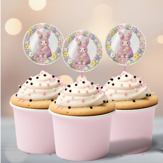 Sticker Rond Lapin de Pâques Fleur Douce