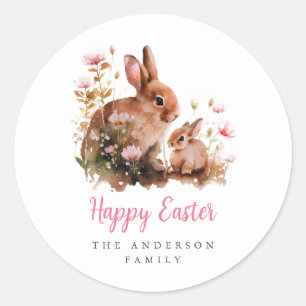 Sticker Rond Lapin de Pâques floral aquarelle