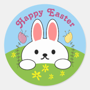 Sticker Rond Lapin de Pâques heureux