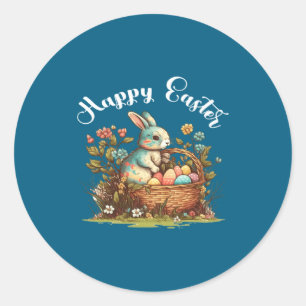 Sticker Rond Lapin de Pâques Joyeuse journée de Pâques