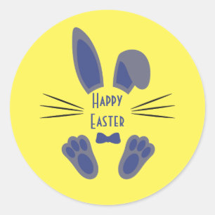 Sticker Rond Lapin de Pâques Joyeuses Pâques Bleu et Jaune