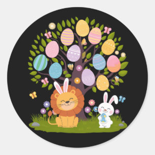 Sticker Rond Lapin de Pâques Lion Arbres Chasse Mignon Oeufs