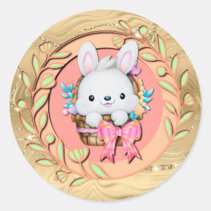 Sticker Rond Lapin de Pâques mignon assis dans le panier
